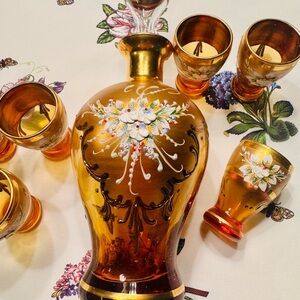 Amber and 24k Gold Murano Style Floral Decanter Set made in Italy